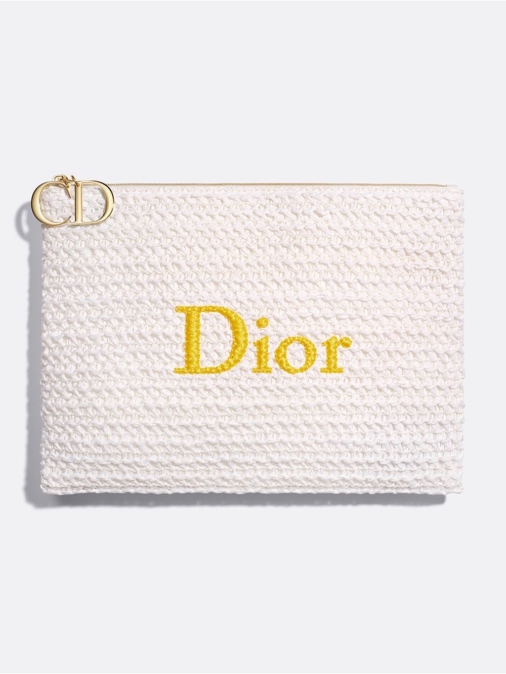 Dior White Raffia Pouch with Yellow Logo